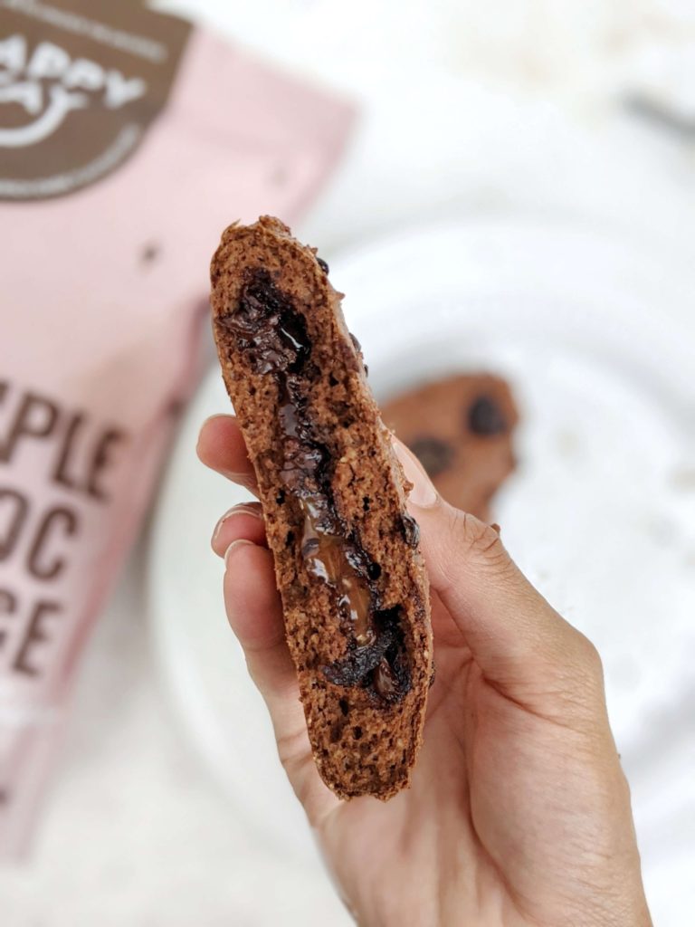 A supreme Triple Fudge Air Fryer Chocolate Protein Cookie with a gooey molten chocolate center! Made with triple fudge chocolate protein powder this air fryer protein cookie is rich and indulgent, but still gluten free, sugar free and Vegan!