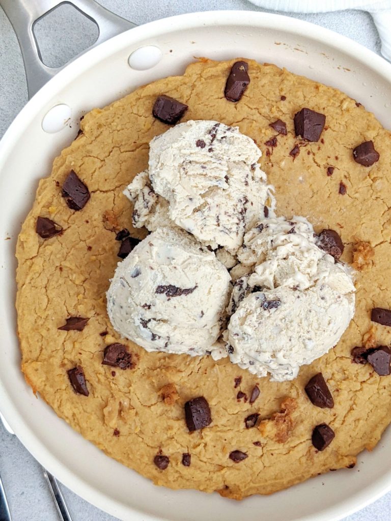 An amazing Chickpea Protein Skillet Cookie for a gluten free and Vegan treat. This healthy skillet cookie is a great chickpea protein powder dessert recipe to satisfy those cravings.