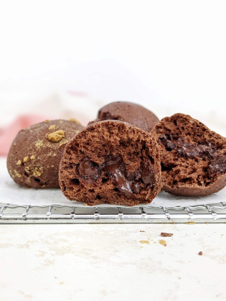 Amazing Double Chocolate Protein Buns filled with chocolate, but still sugar free! Healthy chocolate filled buns use protein powder instead of sugar, as well as Greek yogurt for a quick bread rolls recipe with no yeast.