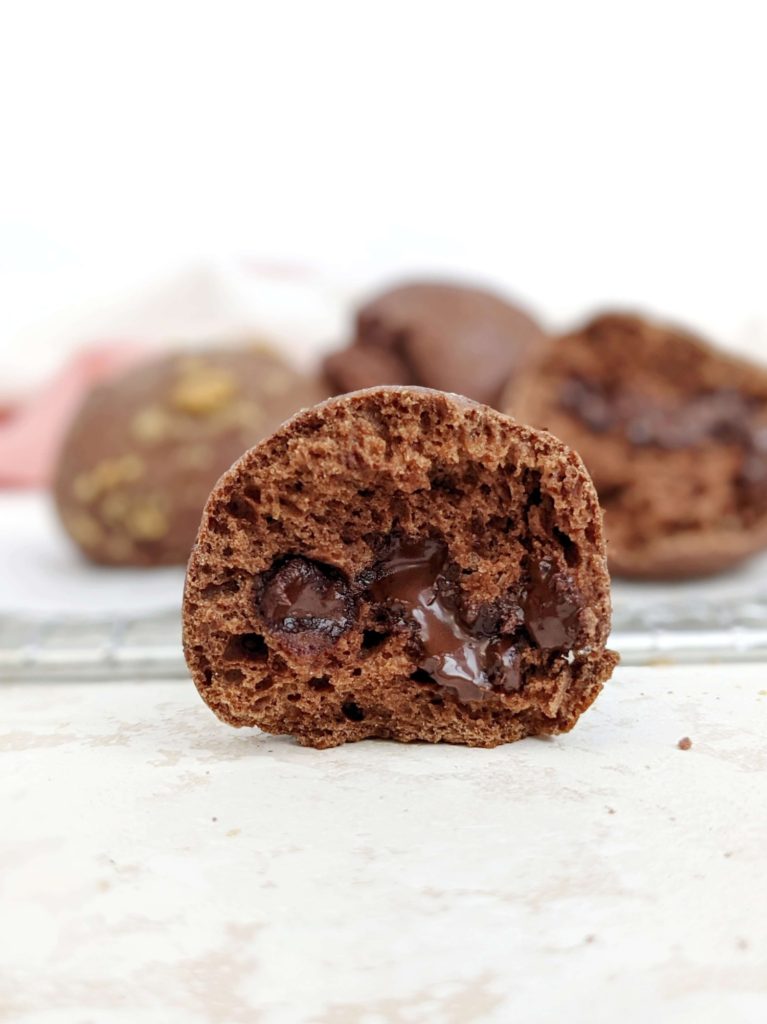 Amazing Double Chocolate Protein Buns filled with chocolate, but still sugar free! Healthy chocolate filled buns use protein powder instead of sugar, as well as Greek yogurt for a quick bread rolls recipe with no yeast.