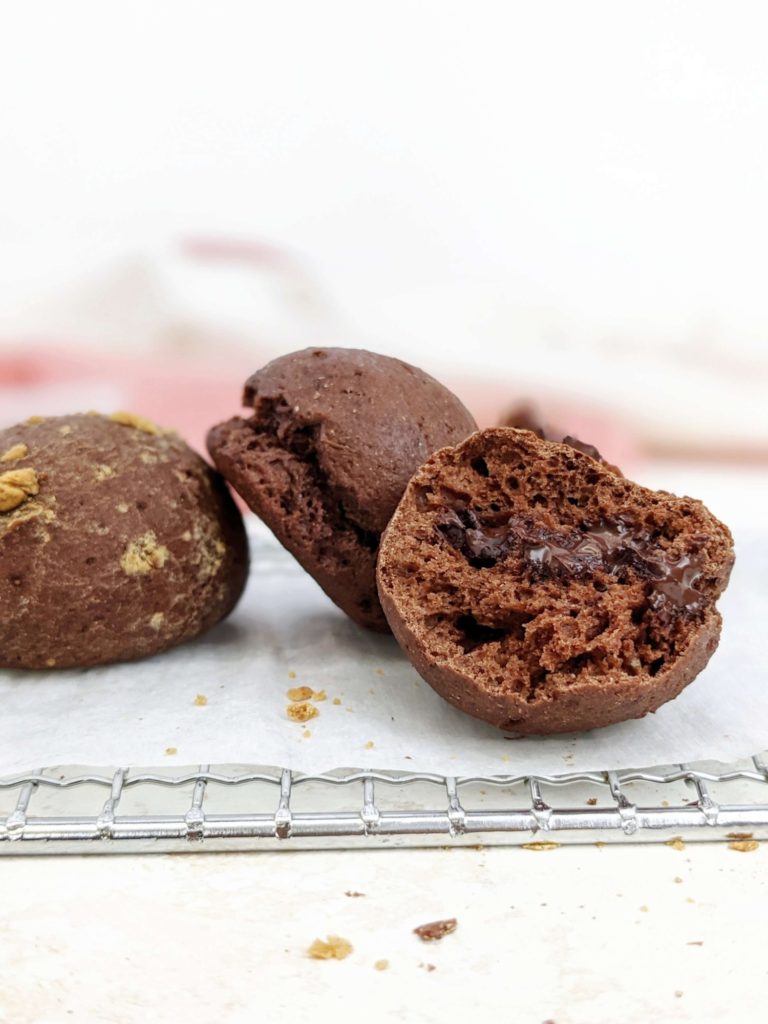 Amazing Double Chocolate Protein Buns filled with chocolate, but still sugar free! Healthy chocolate filled buns use protein powder instead of sugar, as well as Greek yogurt for a quick bread rolls recipe with no yeast.