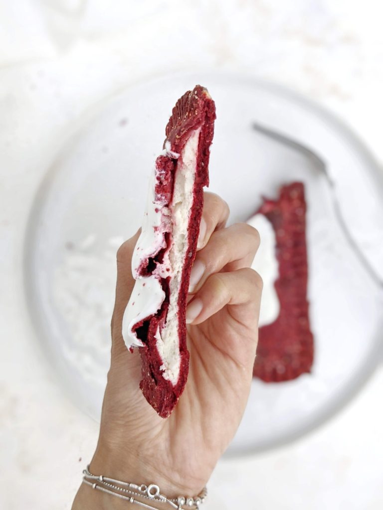 Spot-on Red Velvet Protein Pop Tarts with a Greek yogurt-protein powder filling and frosting, just like the cupcake! Homemade red velvet pop tart is healthy, high protein, sugar free and easily Vegan too!