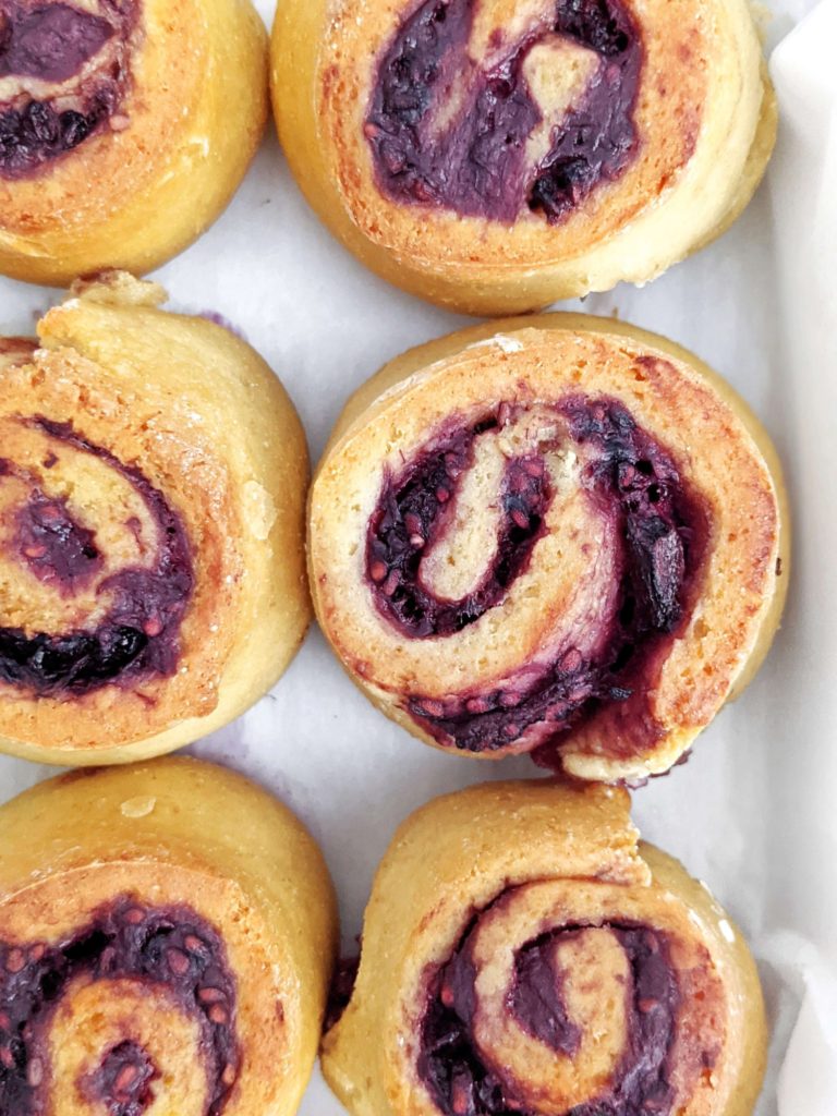 Soft and gooey Berry Protein Sweet Rolls with a homemade sugar-free berry jam and protein icing. Make protein powder sweet rolls with blackberry, strawberry, blueberry or a mix of all for healthy breakfast swirls.