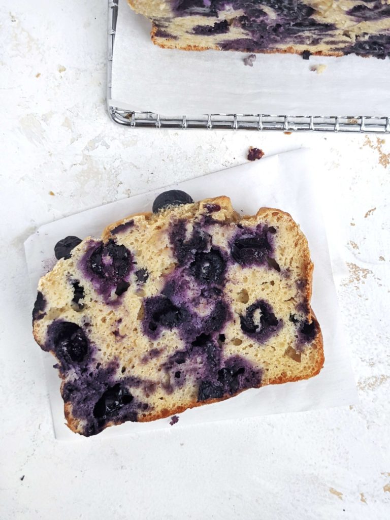 An unbelievable Blueberry Protein Pancake Bread made with protein pancake mix, protein powder and just 4 more ingredients! This protein pancake loaf is a healthy quick bread perfect for breakfast, snack or post workout.