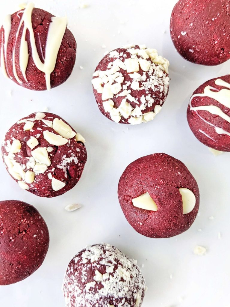 No bake Red Velvet Protein Balls made with oat flour and protein powder for a healthy and sugar free protein snack! These high protein red velvet energy balls are also gluten free, dairy free and Vegan too!