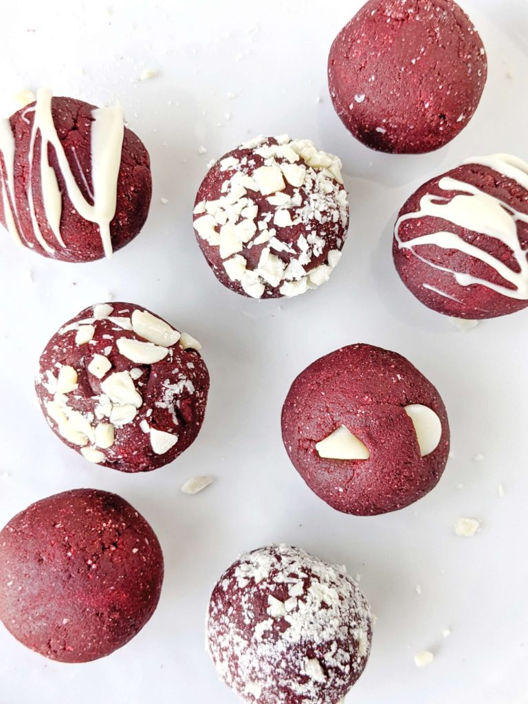 No bake Red Velvet Protein Balls made with oat flour and protein powder for a healthy and sugar free protein snack! These high protein red velvet energy balls are also gluten free, dairy free and Vegan too!