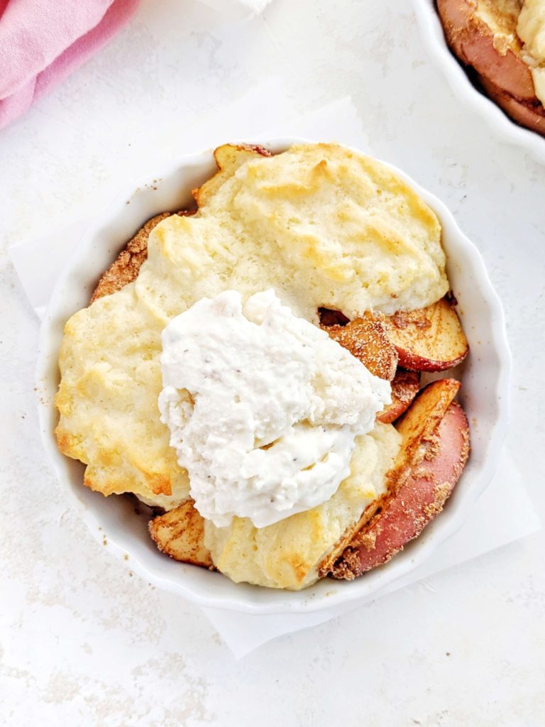 An actually easy Protein Apple Cobbler for one made with protein powder! This healthy apple cobbler is high protein and sugar free - perfect for a single serve apple recipe craving.