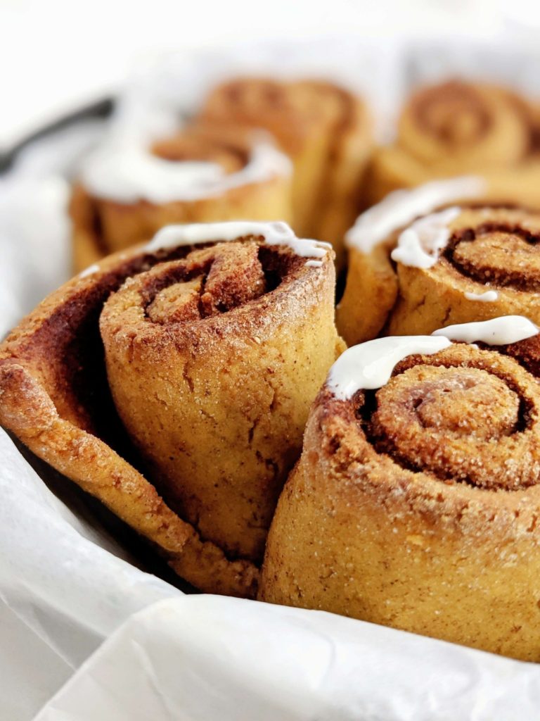 Beautiful Pumpkin Protein Cinnamon Rolls with a Cream Cheese Icing for a great high protein breakfast! These pumpkin protein powder cinnamon rolls are gluten free, sugar free and need no yeast either!