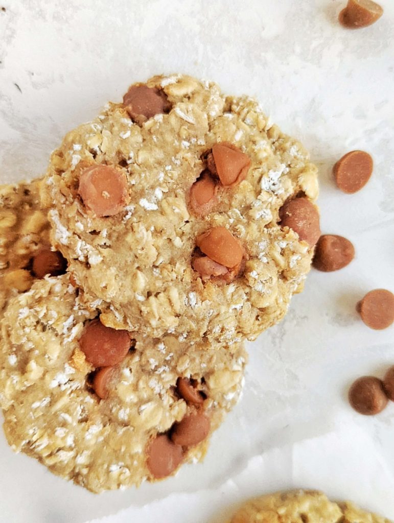 Soft and chewy Butterscotch Oatmeal Protein Cookies with just 6 ingredients! These healthy oatmeal scotchies use protein powder, applesauce and sugar free butterscotch chips, and have no butter or sugar either!