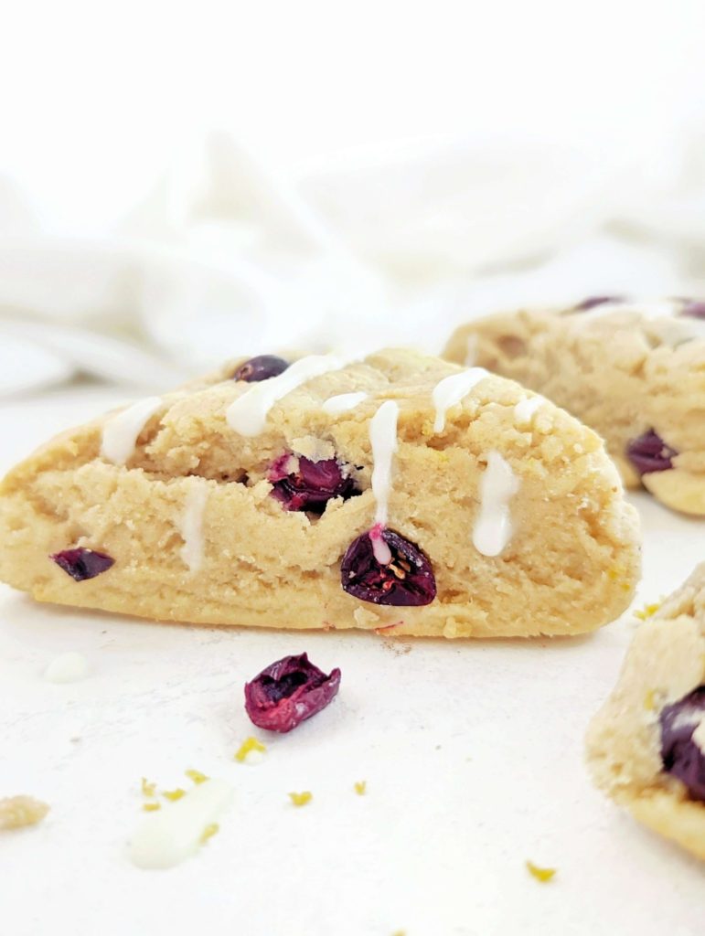 Soft and light and the best Lemon Cranberry Protein Scones you will have! These healthy lemon cranberry scones are made with protein powder and yogurt for a high protein, low sugar, low fat and low calorie scone recipe!