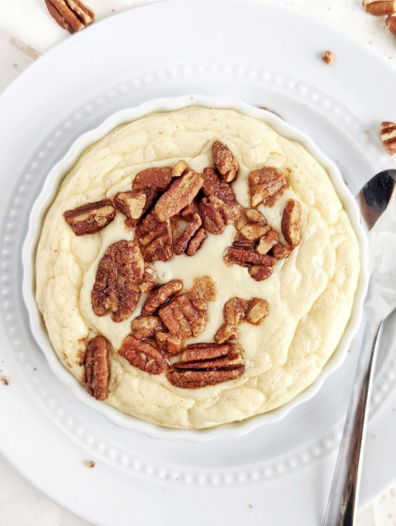 Just an amazing Half Baked Pecan Pie Protein Mug Cake with a fudgy center and crunchy pecan topping. This keto and low carb pecan pie mug cake uses a ton of protein powder, a bit of coconut flour, and is gluten free, sugar free and healthy!