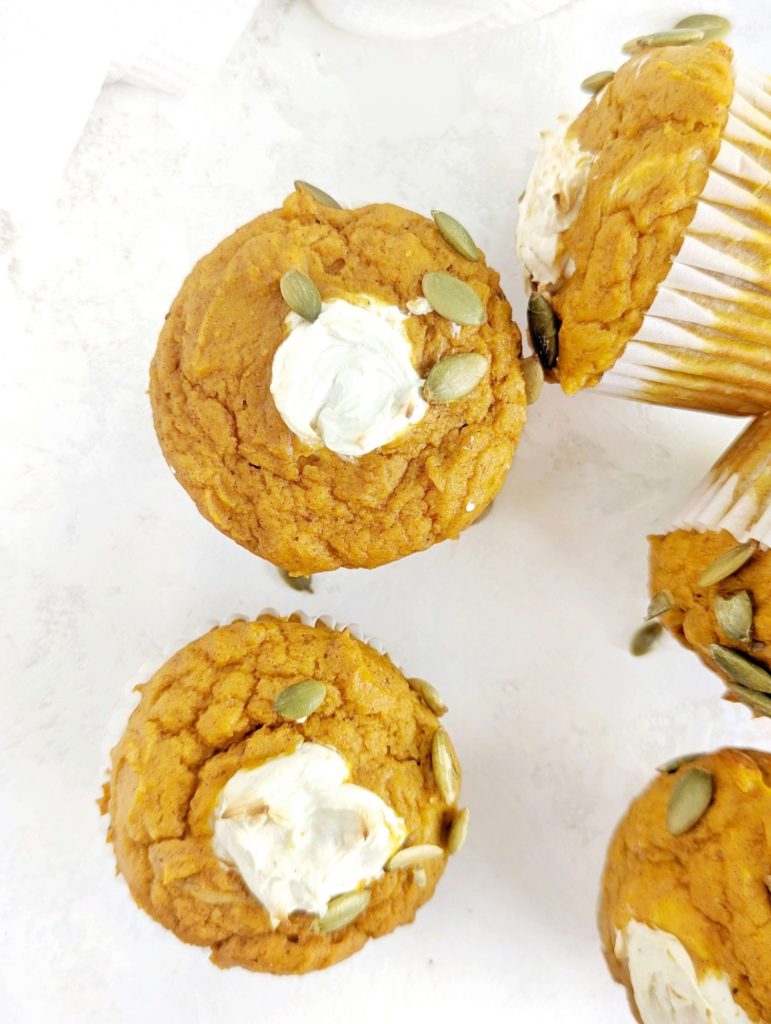 Moist and fluffy Pumpkin Cream Cheese Protein Muffins with that beautiful filing, but actually healthy and sugar free! This healthy pumpkin cream cheese muffin recipe uses protein powder and whole wheat pasty flour, and has no oil or butter; Actually the best Starbucks copycat recipe.