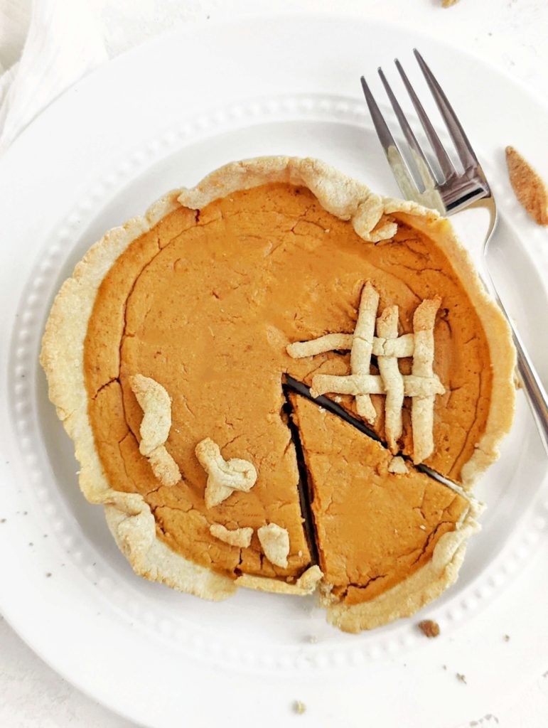 The perfect Single Serve Protein Pumpkin Pie for a high protein, low carb and low calorie Thanksgiving treat. This healthy pumpkin pie for one uses protein powder, only a little butter and no eggs either; A great anabolic pumpkin pie recipe.