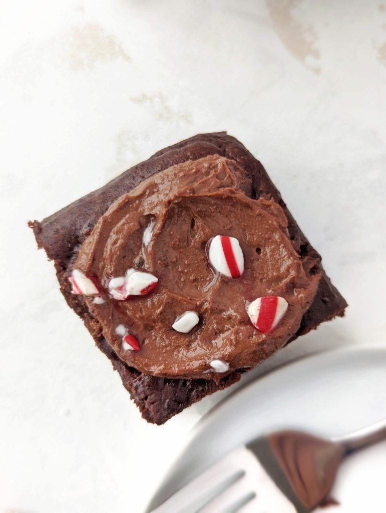 A rich and festive Chocolate Peppermint Protein Cake topped with a chocolate protein frosting! This healthy chocolate peppermint cake uses cocoa powder and protein powder and has no eggs, butter or oil either!