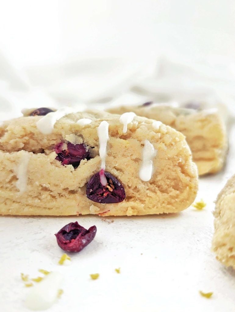 Soft and light and the best Lemon Cranberry Protein Scones you will have! These healthy lemon cranberry scones are made with protein powder and yogurt for a high protein, low sugar, low fat and low calorie scone recipe!