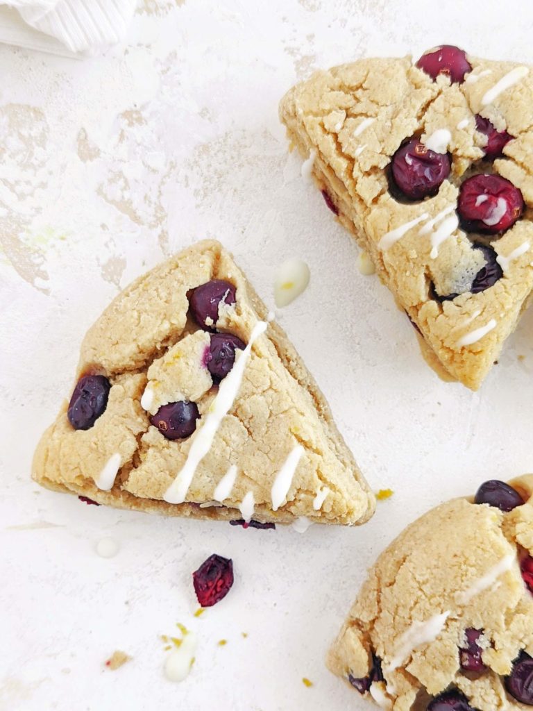 Soft and light and the best Lemon Cranberry Protein Scones you will have! These healthy lemon cranberry scones are made with protein powder and yogurt for a high protein, low sugar, low fat and low calorie scone recipe!