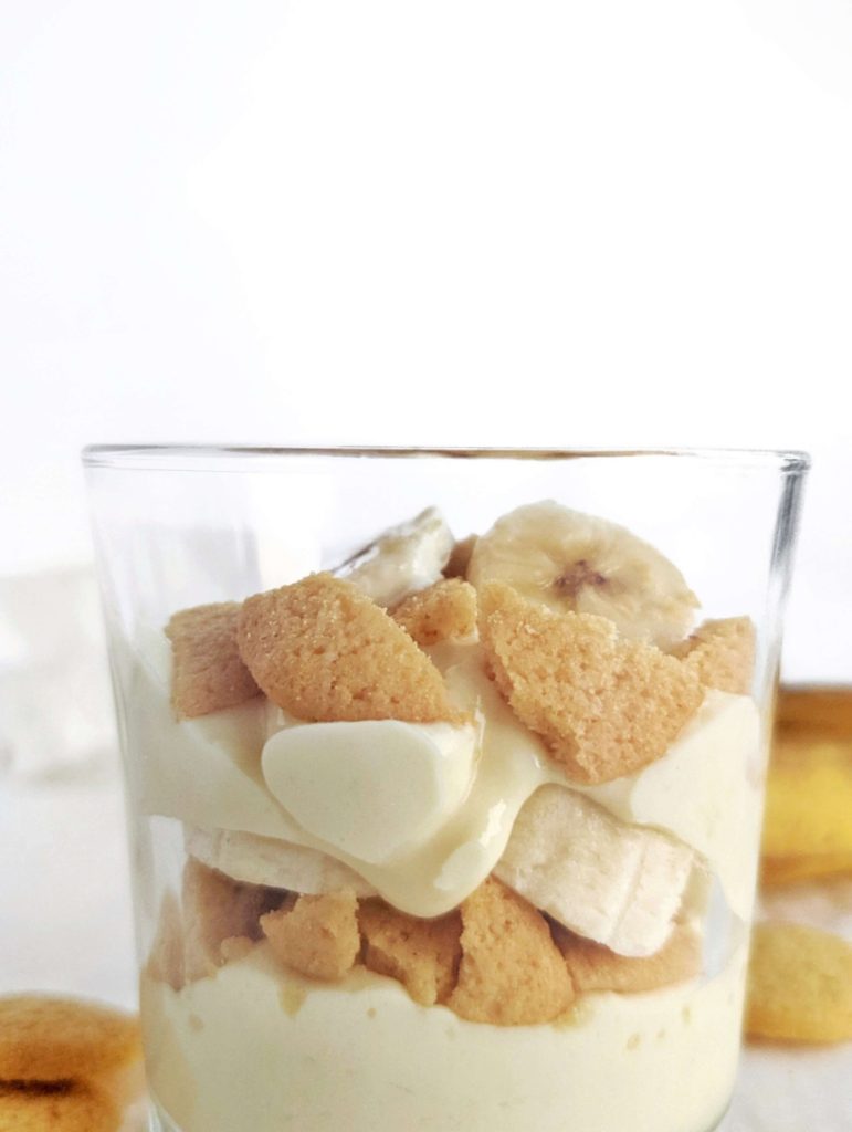 Healthy Protein Banana Pudding with layers of protein powder custard, sugar free vanilla waters and fresh banana. This banana cream pudding is an easy, healthy, no bake recipe without condensed milk or any added sugar.