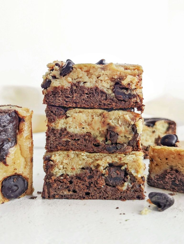 The best healthy and sugar free Protein Brookies here – a protein brownie and protein cookie mashup! These healthy brookie bars are sweetened with monkfruit sweetener and protein powder, and have no oil or butter either!