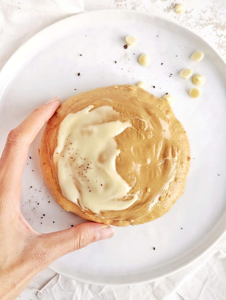 A rich Cappuccino Protein Cookie with an actual cappuccino-flavored topping too! This healthy coffee flavored protein cookie uses cappuccino protein powder and has no sugar, oil or butter.