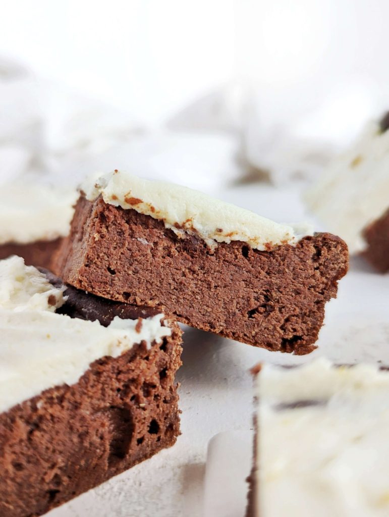 Delicious Gingerbread Protein Brownies with a Cream Cheese Frosting! These gingerbread brownies have no molasses, but use protein powder and monk fruit sweetener for a healthy festive dessert.