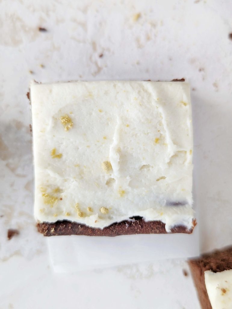 Delicious Gingerbread Protein Brownies with a Cream Cheese Frosting! These gingerbread brownies have no molasses, but use protein powder and monk fruit sweetener for a healthy festive dessert.