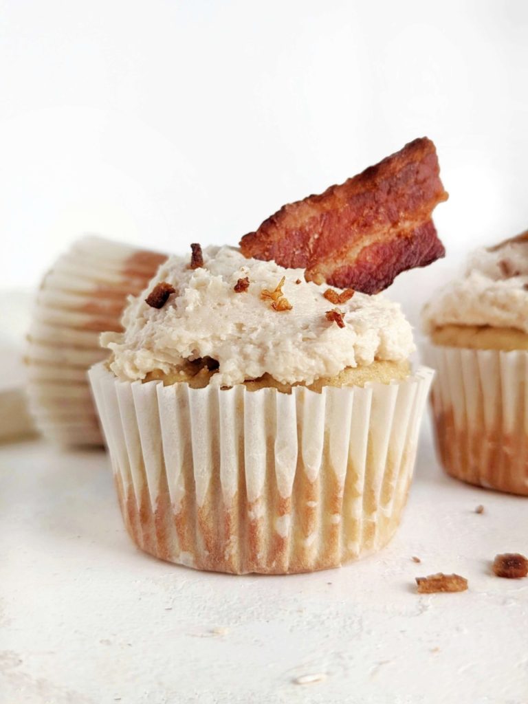 Truly beautiful Maple Bacon Protein Cupcakes with sweet maple flavored protein cupcake and frosting topped and salty bacon. These healthy maple bacon cupcakes are sugar free, low carb and low fat too!