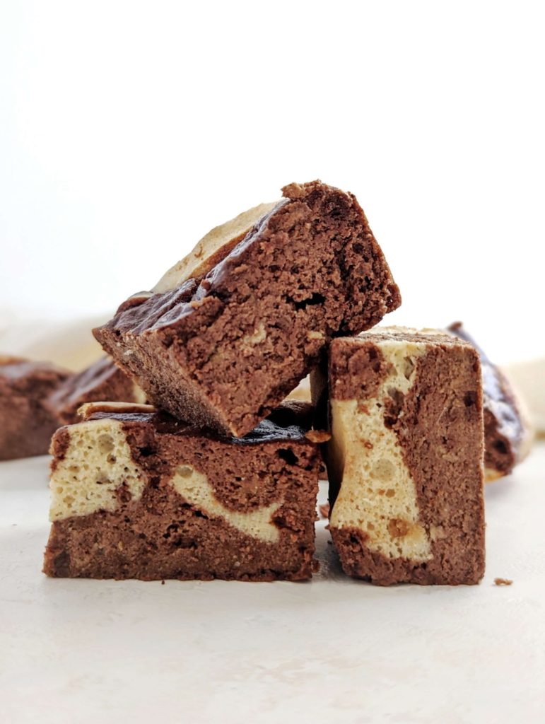 Beautiful Pancake Mix Protein Brownies with layered protein brownie and pancake, both using pancake mix, not four. These healthy pancake brownie recipe uses Kodiak protein pancake mix, cocoa powder and protein powder.