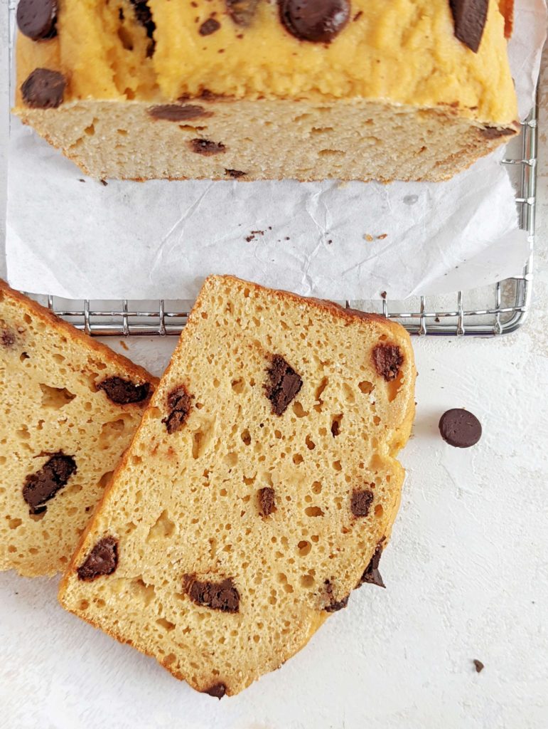 This Protein Cookie Dough Bread is like a big loaf of chocolate chip cookie, but better! A healthy chocolate chip protein bread with peanut butter powder, protein powder, no oil or butter, and even sugar free chocolate chips!