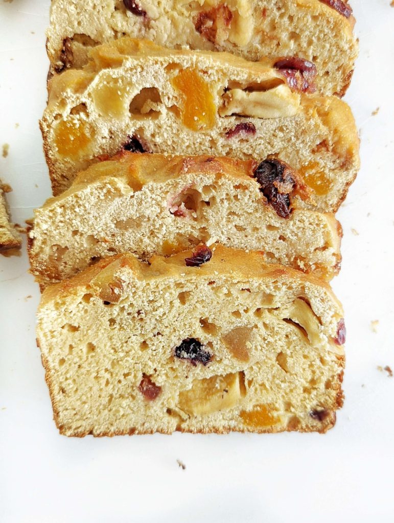 An amazing Protein Fruitcake Bread made with pancake mix and protein powder for a diet friendly recipe! This healthy fruit cake loaf is has no sugar, oil or butter.