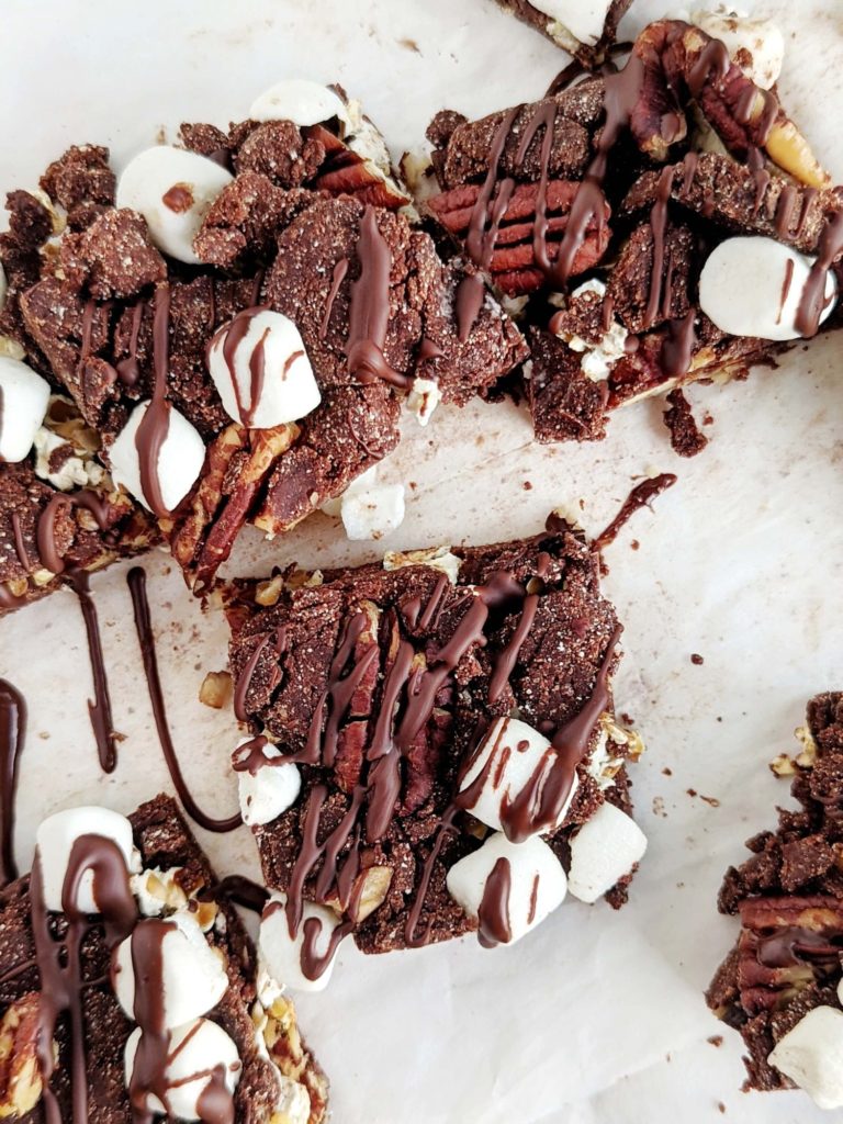 Funky and healthy Rocky Road Protein Bars with popcorn and pecans. No bake rocky road bars use protein powder and cocoa powder, and have no melted chocolate or peanut butter!