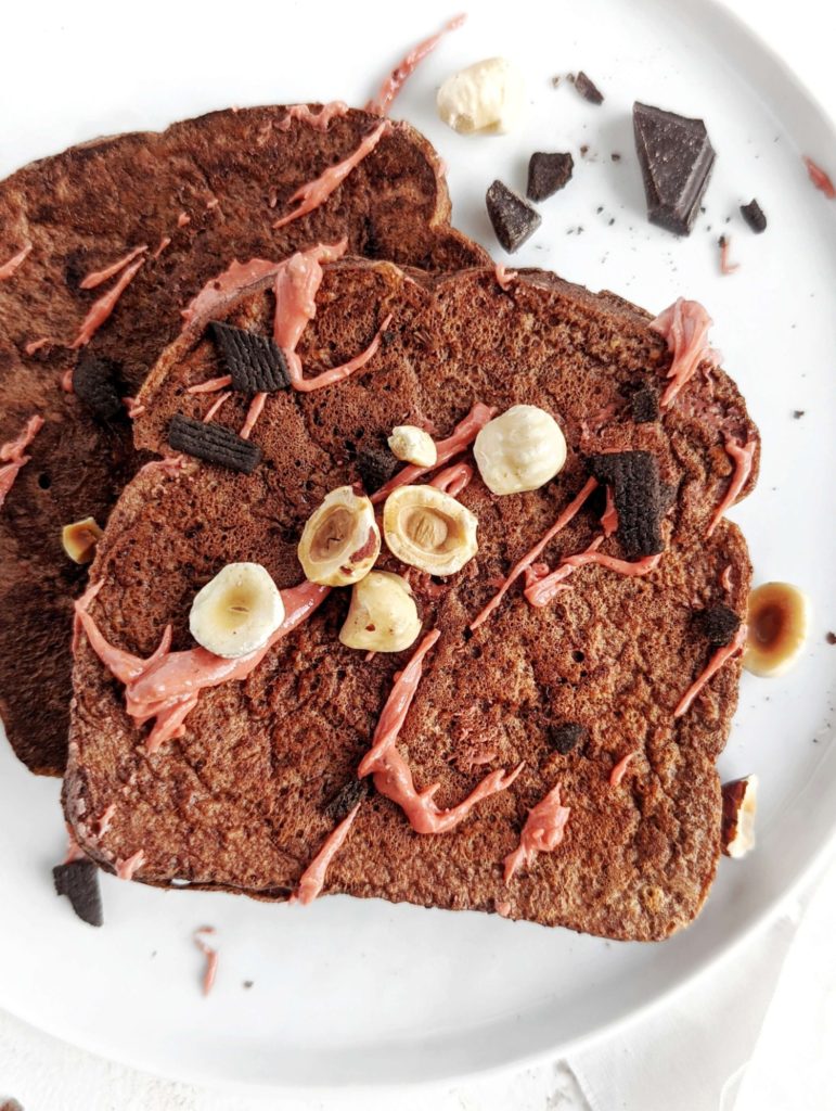 Make this Chocolate Protein French Toast for a rich and indulgent breakfast or brunch with a boost of protein. Made with whole wheat bread, chocolate protein powder and an egg white, this healthy French toast is a great high protein and low fat alternative.