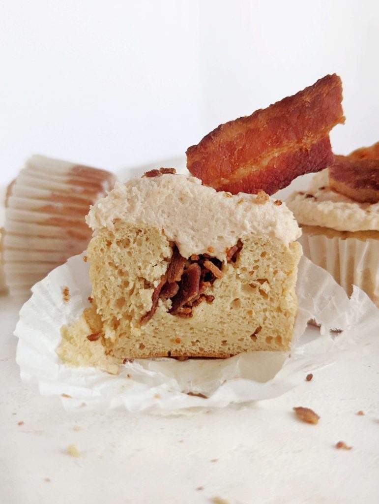 Truly beautiful Maple Bacon Protein Cupcakes with sweet maple flavored protein cupcake and frosting topped and salty bacon. These healthy maple bacon cupcakes are sugar free, low carb and low fat too!