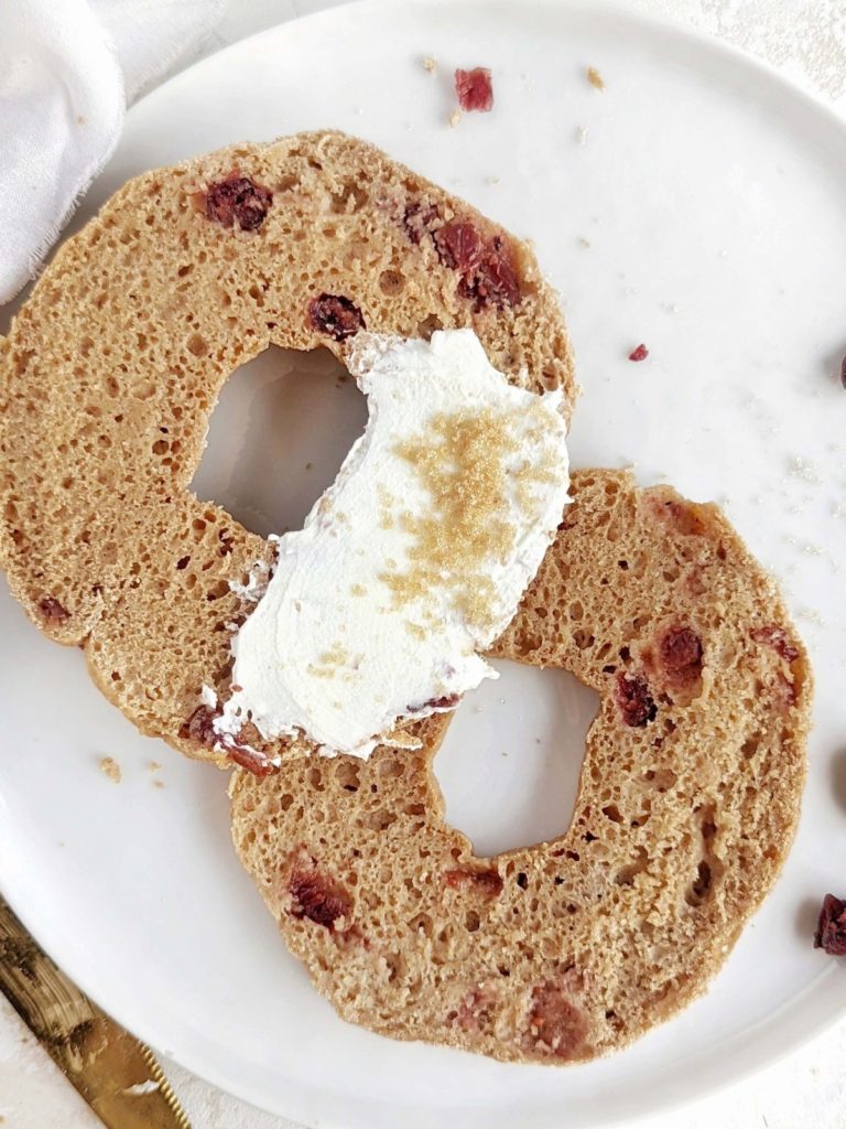 Actually Healthy Cinnamon Raisin Bagels made with whole wheat flour, protein powder and Greek Yogurt. This cinnamon raisin bagel recipe has 2x protein and half the carbs of an average version, and is actually good for you!