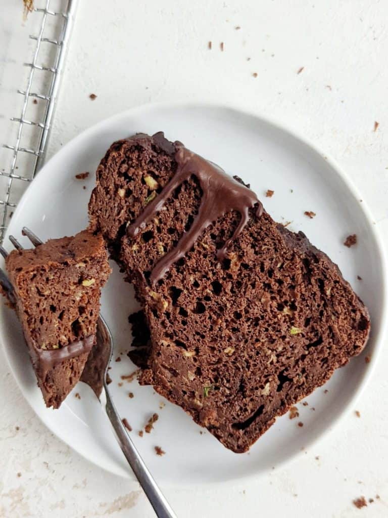 Super rich chocolate protein zucchini bread with protein powder and stevia for sweetness, but sugar free! Healthy chocolate zucchini bread is low calorie, low fat and great for a post workout or dessert.