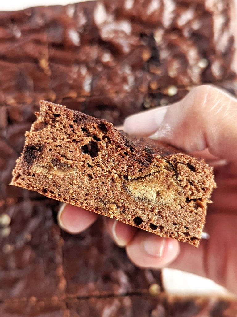 Just amazing Fudgy Protein Brownies that are actually healthy and low calorie! These fudgy chocolate protein brownies use protein powder, monk fruit, almond butter and sugar free melted chocolate; No sugar, butter or oil needed!