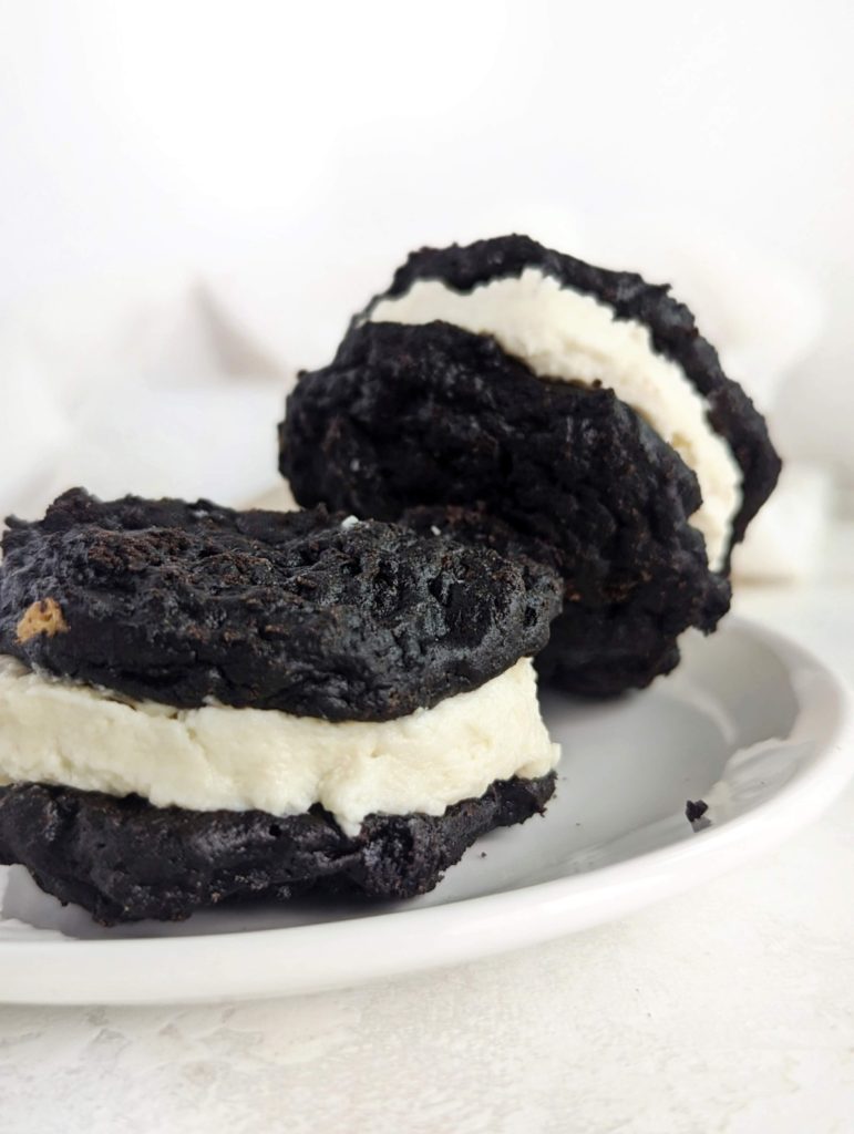 Amazing healthy Protein Whoopie Pies - soft and rich protein cake with a protein cream cheese and yogurt filling. Healthier whoopie pie recipes is sugar free, vegan and low calorie too!