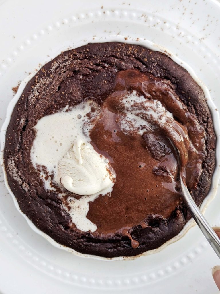 Indulgent but Healthy Chocolate Self-Saucing Pudding made with protein powder, egg whites and Greek yogurt, no sugar or butter! High protein self-saucing pudding is sugar-free, low fat and easily gluten free and Vegan too.