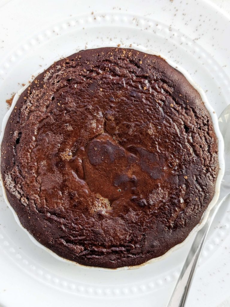 Indulgent but Healthy Chocolate Self-Saucing Pudding made with protein powder, egg whites and Greek yogurt, no sugar or butter! High protein self-saucing pudding is sugar-free, low fat and easily gluten free and Vegan too.