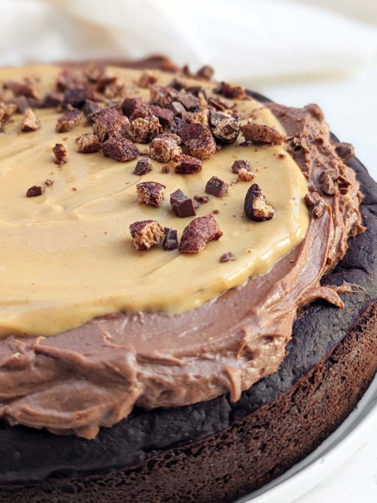 Rich and indulgent Chocolate Caramel Protein Cake with a high-protein chocolate cake, frosting and caramel too! Healthy and easy chocolate caramel cake uses protein powder for sweetener and is sugar free and low fat too.