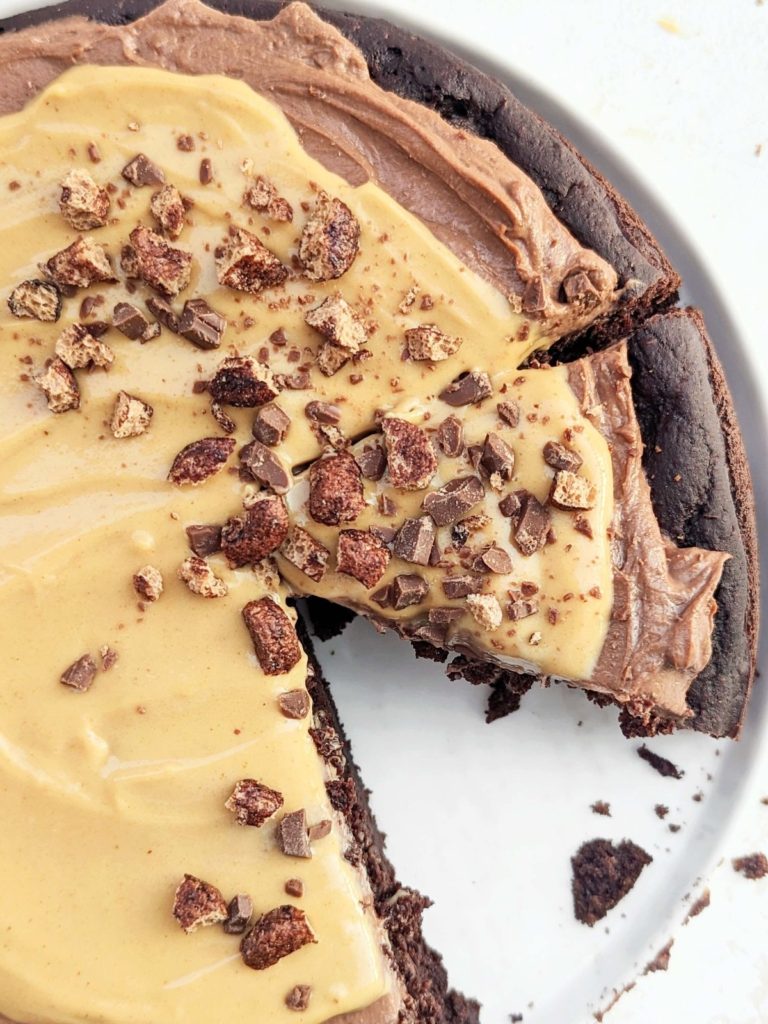 Rich and indulgent Chocolate Caramel Protein Cake with a high-protein chocolate cake, frosting and caramel too! Healthy and easy chocolate caramel cake uses protein powder for sweetener and is sugar free and low fat too.