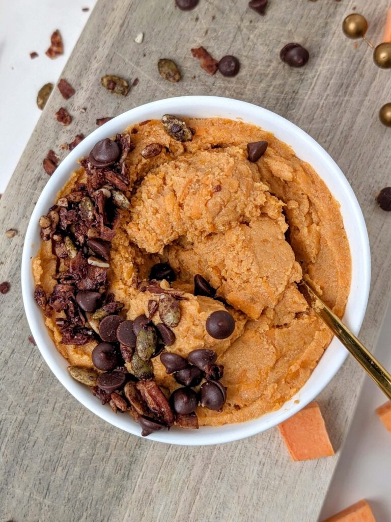 An amazing Sweet Potato Protein Dessert Bowl for a cozy fall treat! This healthy sweet potato dessert is sweetened with protein powder, and has no added sugar. Low fat and gluten free too!