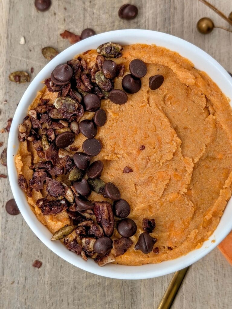 An amazing Sweet Potato Protein Dessert Bowl for a cozy fall treat! This healthy sweet potato dessert is sweetened with protein powder, and has no added sugar. Low fat and gluten free too!