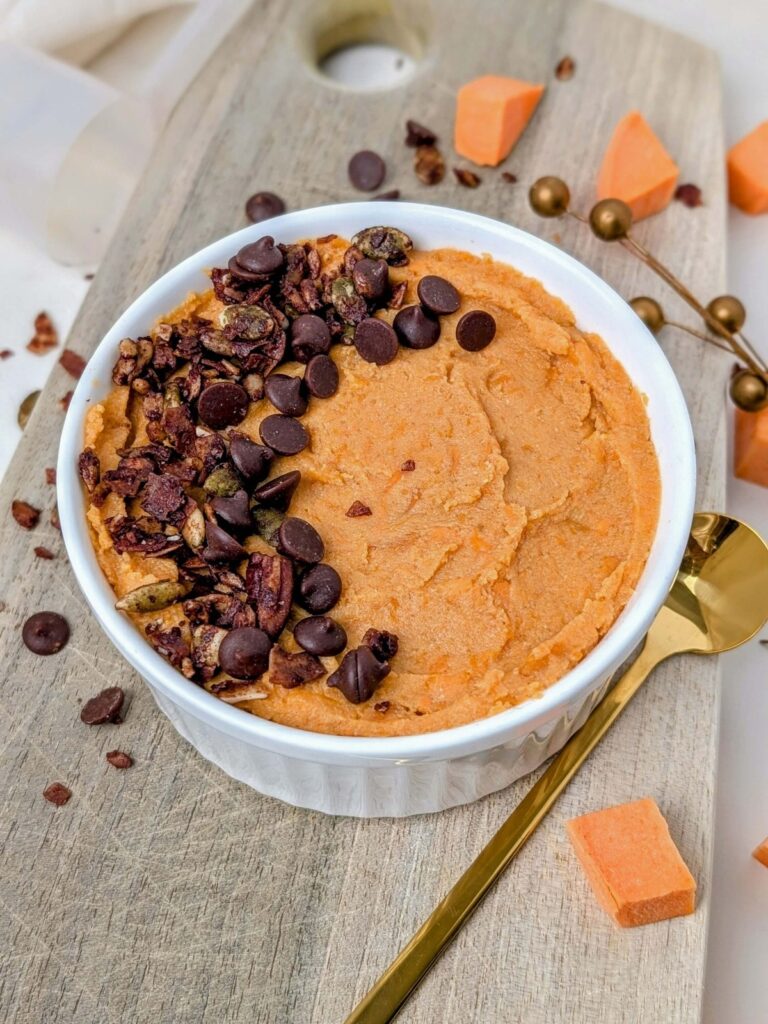 An amazing Sweet Potato Protein Dessert Bowl for a cozy fall treat! This healthy sweet potato dessert is sweetened with protein powder, and has no added sugar. Low fat and gluten free too!