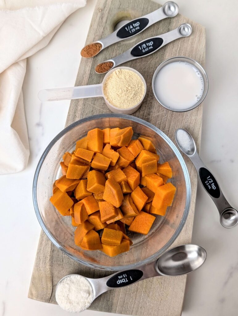 An amazing Sweet Potato Protein Dessert Bowl for a cozy fall treat! This healthy sweet potato dessert is sweetened with protein powder, and has no added sugar. Low fat and gluten free too!