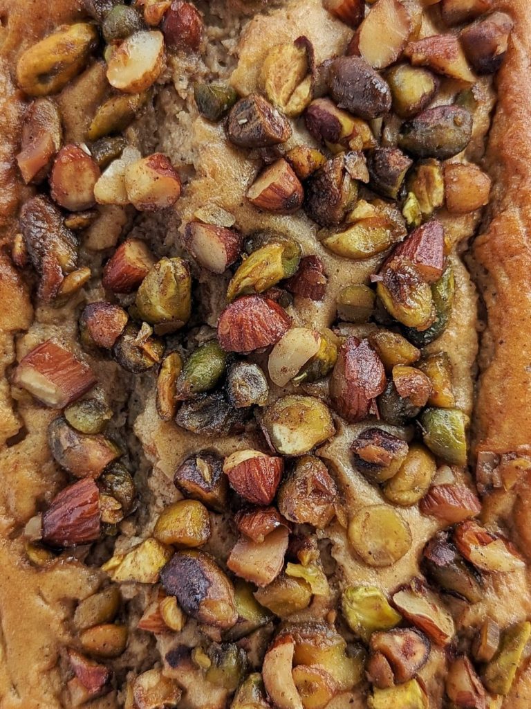 Amazing, protein-packed Baklava Banana Bread that’s oil free and added sugar free too! This Baklava banana loaf uses protein powder for sweetener and sugar free honey for all the healthy amish vibes!