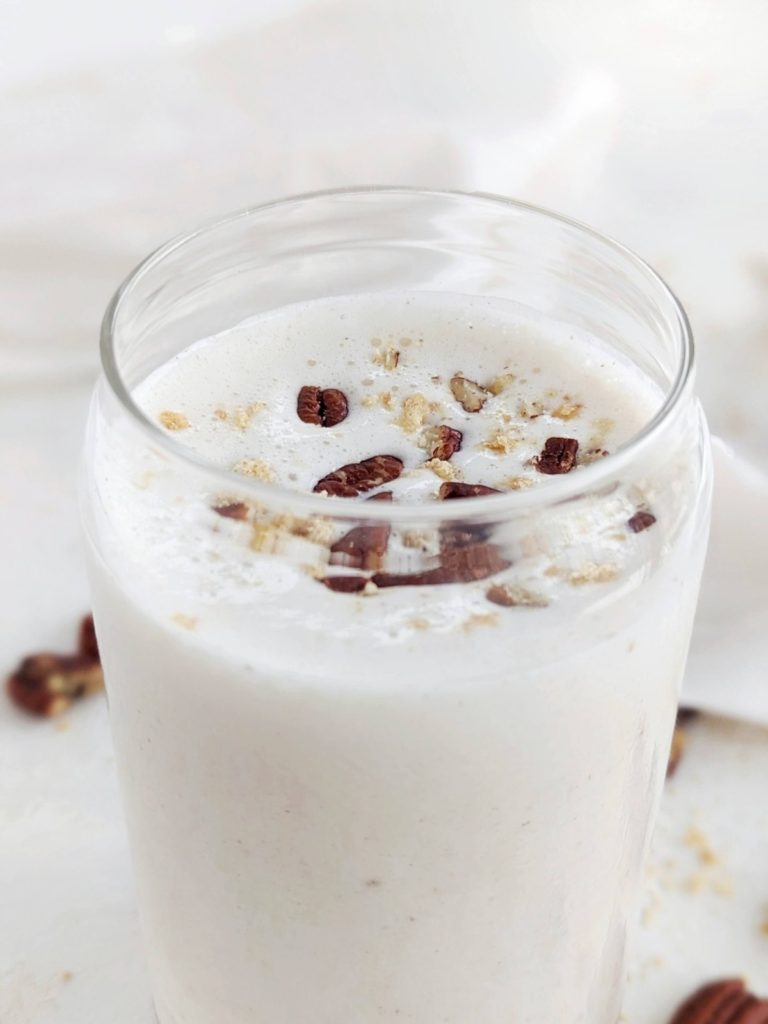 
Fall-perfect Pecan Pie Protein Shake with all the cozy flavor and nutrition! Low fat, high protein pecan smoothie uses sugar-free ice cream and a brown sugar alternative too.