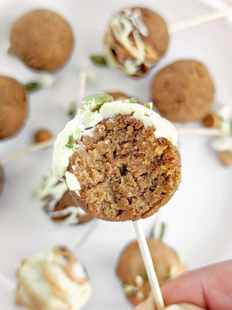 Addictive Pumpkin Protein Cake Pops with fresh-baked protein pumpkin cake, protein cream cheese frosting and sugar-free chocolate coating. Healthy pumpkin pie cake pops are low-calorie, low fat, sugar-free and easily Vegan too!