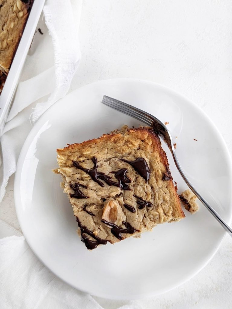 Bake a batch of these soft and chewy Banana Protein Baked Oatmeal Bars with all the sweet flavor of protein bar without fat or added sugar! The perfect high protein breakfast, snack or post workout meal.