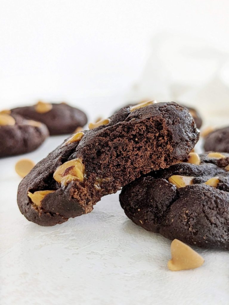 Delicious Chocolate Butterscotch Protein Cookies are the perfect balance of soft and chewy and cakey. Healthy cocoa butterscotch chip cookies use protein powder, no butter and sugar-free butterscotch chips too!