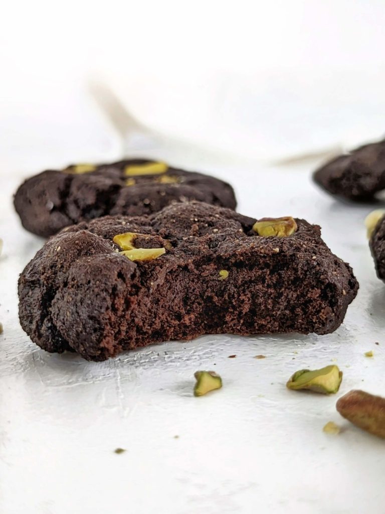 Chocolate Pistachio Protein Cookies are rich and nutty and great for a healthy Christmas cookie! Cocoa pistachio cookies use protein powder and applesauce instead of sugar and butter for a guilt-free indulgence.